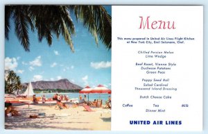 UNITED AIR LINES MENU ~ Waikiki DIAMOND HEAD, Hawaii HI ~ Emil Salzmann Postcard