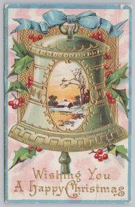 Linen~Wishing You A Happy Christmas~Holly Berries~Bell Tied w/Blue Ribbon~Vtg PC