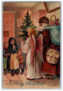 c1910's Christmas Tree Angel Brown Rove Old World Santa Sack Of Toys Postcard 