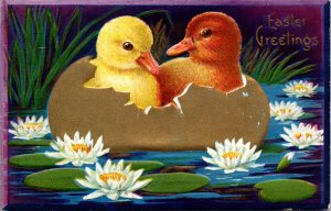 Easter Postcard Two Ducks Sitting in Gold Broken Eggshell Boat Floating in Lake