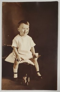 RPPC Young Boy with Antique Tin Car Studio Photo Postcard E29