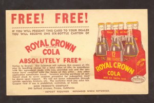 FREE 6 PACK ROYAL CROWN COLA SODA POP ADVERTISING VINTAGE POSTCARD