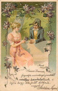 Romantic drawn couple flowers art nouveau fantasy artist E. Dulker 1903 postcard