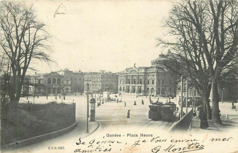 Switzerland Geneva square tramways 1904 postcard