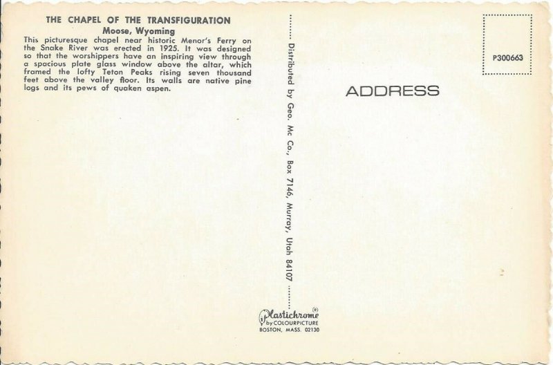 The Chapel of The Transfiguration, Grand Tetons, Moose, WY Vintage Postcard