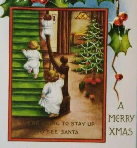 Christmas Postcard Children Sliding Down Stairs Banister Stay Up For Santa Claus