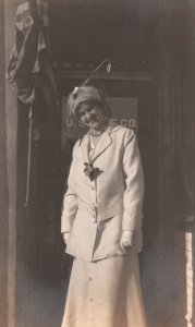 Vintage Postcard Portrait of Beautiful Young Lady Wearing Formal Dress with Hat