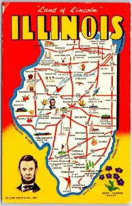 1960's Land Of Lincoln Illinois State Flower Violet Map Famous Places Postcard