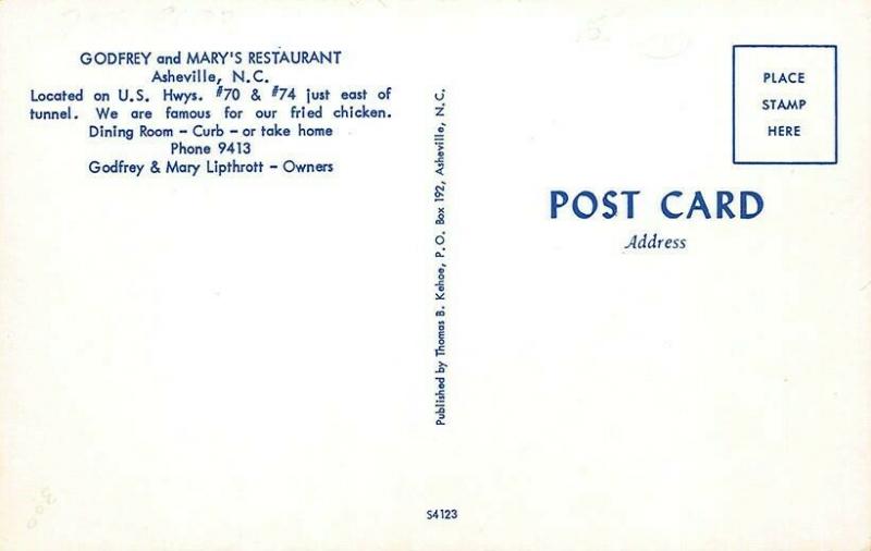 Asheville NC Godfrey & Mary's Restaurant US  70 & 74 Old Cars Postcard