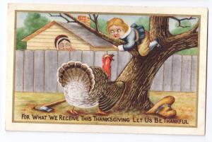 Thanksgiving Pilgrim Boy Treed by Turkey Embossed Gilded Vintage Postcard