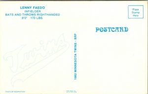 Lenny Faedo Infielder Signature Minnesota Twins Baseball 1982 Postcard UNP