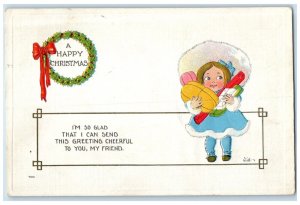 c1910s Christmas Greeting Whreat Berries Little Girl Holding Gifts Wall Postcard