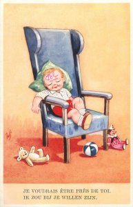 Humor comic caricature postcard child on chair teddy bear doll ball