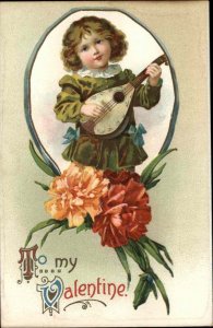 Valentine Little Boy Troubador with Mandolin c1910 Vintage Postcard