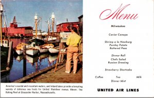 Postcard United Air Lines Menu Milwaukee WI picturing Gloucester Harbor MA