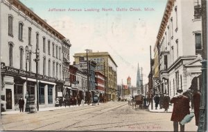 Battle Creek MI Jefferson Avenue looking north c1907 Postcard H9