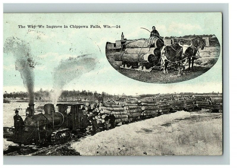 c.1917 Postcard The Way We Improve In Chippewa Falls Wisconsin Freight Logs