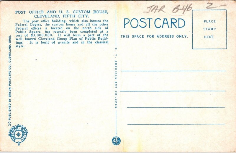 Post Office US Custom House Cleveland Ohio OH WB Postcard UNP VTG Curt Teich 