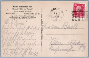 RUSSIAN HOTEL BERLIN GERMANY 1928 ANTIQUE POSTCARD RUSSISCHER HOF w/ STAMP