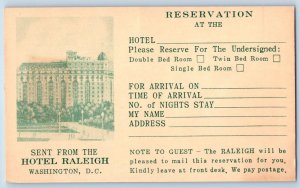 Washington DC Postcard Hotel Raleigh Reservation Card Advertisement c1940's