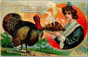 Woman with Turkey on Platter, Thanksgiving Greetings c1909 Vintage Postcard F53