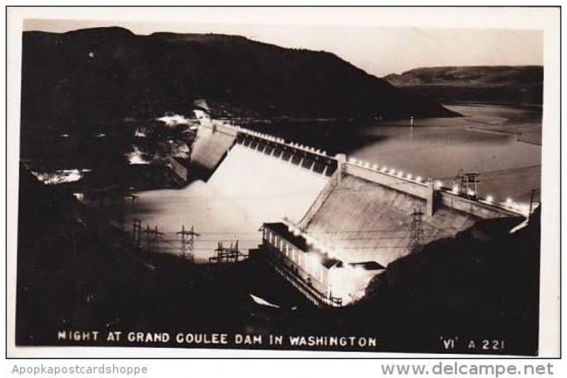 Washington Grand Coulee Dam At Night 1947 Real Photo RPPC