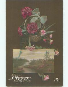 circa 1910 tinted rppc SCENIC RIVER & FLOWERS IN WICKER BASKET o2681