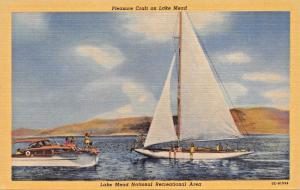 SAIL BOAT & WOOD CRUISER~PLEASURE CRAFT ON LAKE MEAD NEVADA POSTCARD 1940s