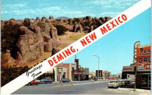 DEMING, NM New Mexico Rocks &  STREET SCENE Rexall  c1950s, 60s  Cars   Postcard