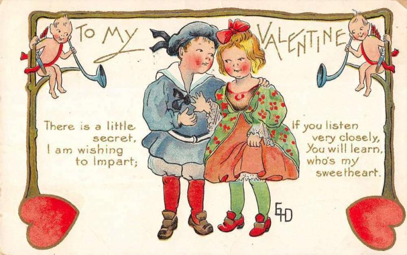 Valentines Day Young Couple Cupid Cherub Hearts Antique Postcard K36025