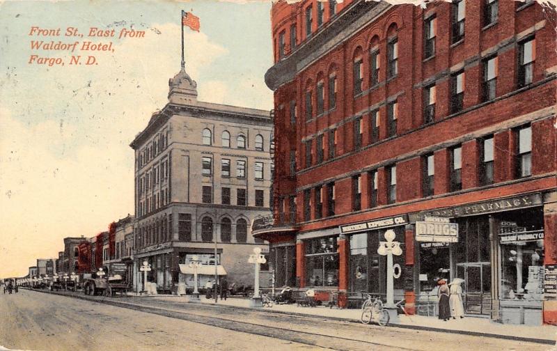 Fargo North Dakota~Front Street~Waldorf Hotel~Soda Drug~Northern Express Co~1913 