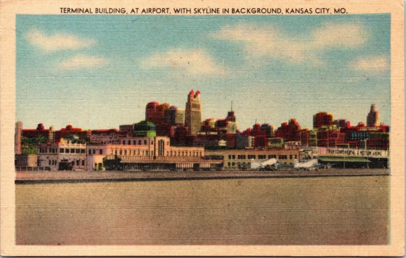 Postcard MO Kansas City - Terminal Building Airport with Skyline