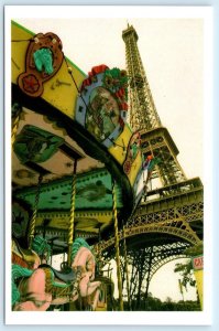 PARIS, FRANCE ~ Carousel EIFFEL TOWER Merry Go Round 1997 ~ 4x6 Postcard