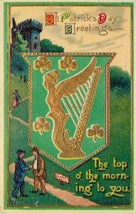 Saint Patrick's Day Greetings, Top o' the morning to you, Castle, Harp, Embossed