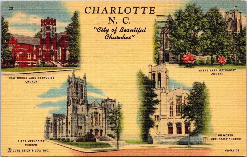 Charlotte North Carolina Multi View Landmarks Linen Cancel WOB Postcard 