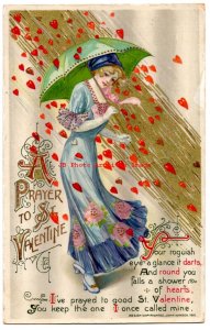 Valentine Day, Winsch 1911, Gelatin, Schmucker, Woman Umbrella Hearts Raining