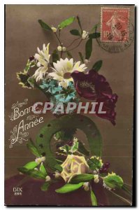 Old Postcard Happy New Year Flowers Horseshoe