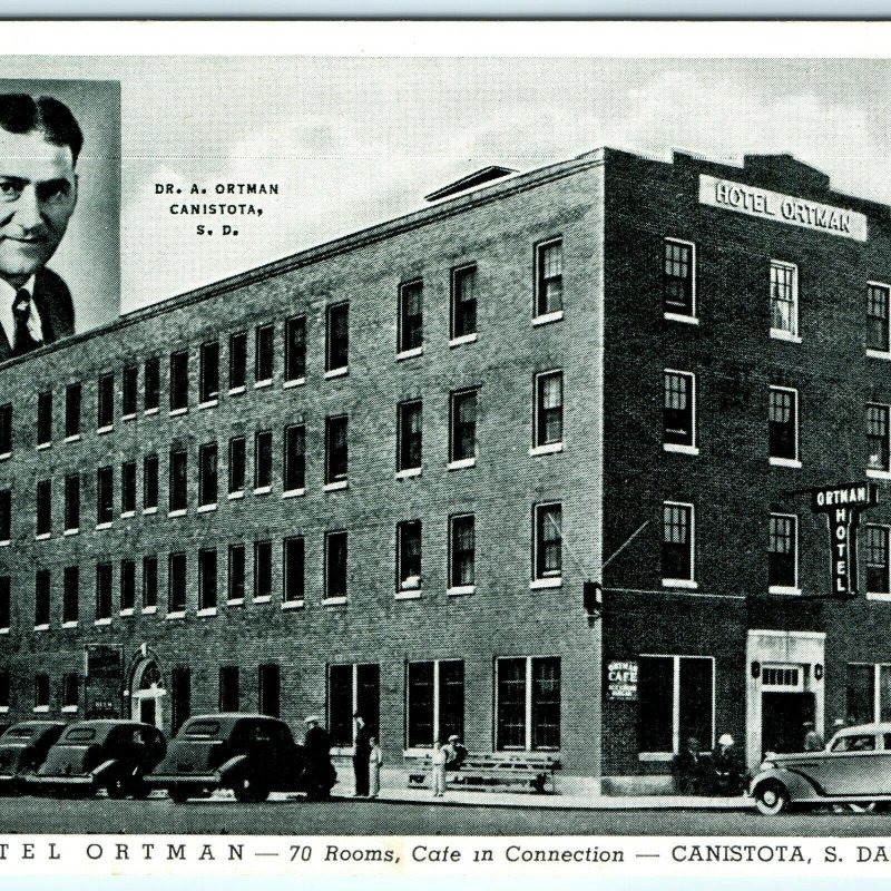 1940s Canistota, SD Dr Ortman Hotel PosT CarD Cafe Chiropractor Advertising A21 United States