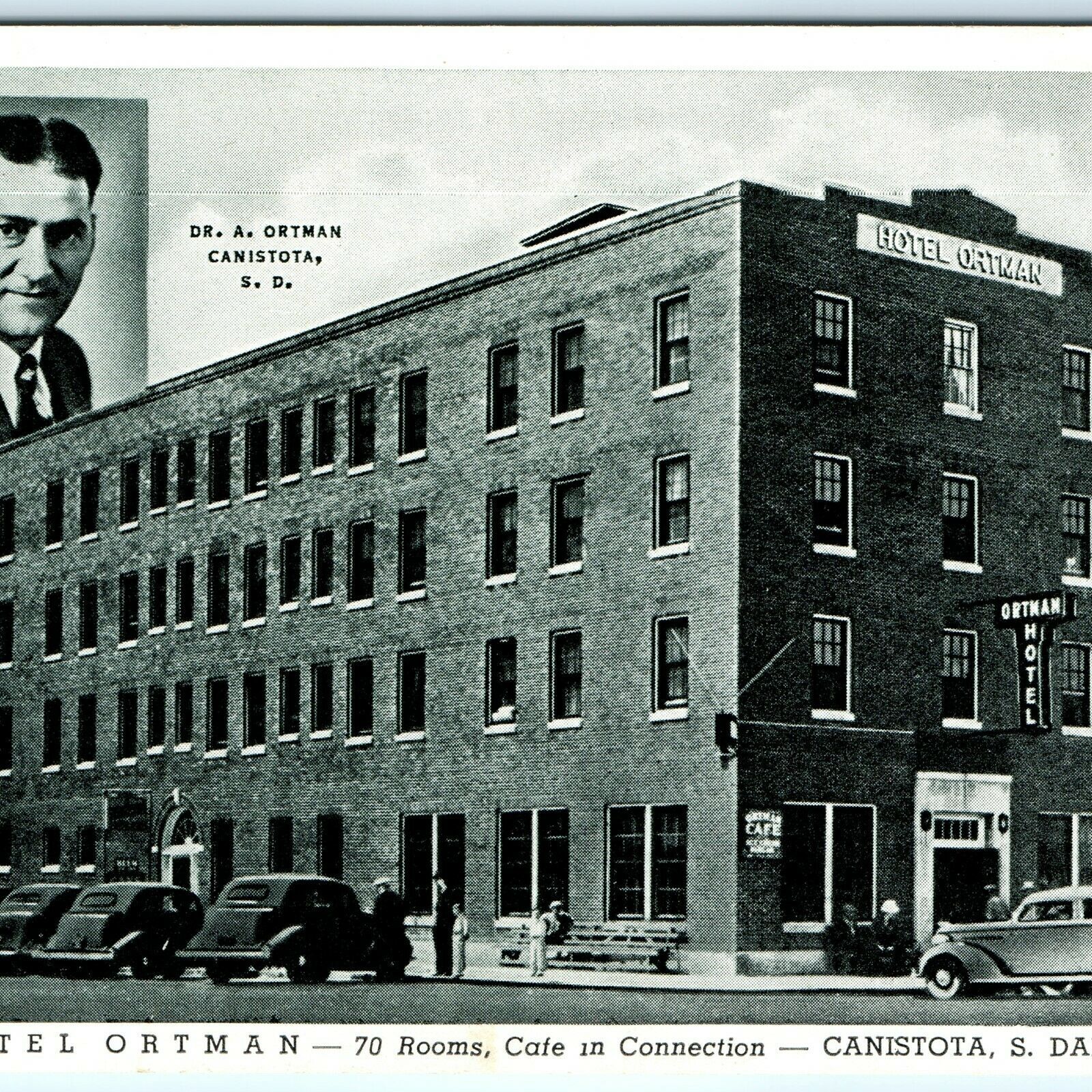 1940s Canistota, SD Dr Ortman Hotel PosT CarD Cafe Chiropractor