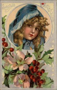 Christmas Children Girl Holly Flowers Embossed c1900s-20s Postcard