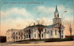 Postcard IL Waukegan St. Mary's Church and School C.1910 Water Hydrant M19