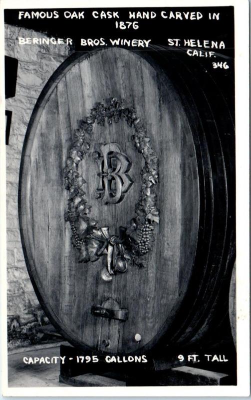 RPPC  ST HELENA, CA   Carved OAK CASK BERINGER BROS WINERY   c1940s   Postcard