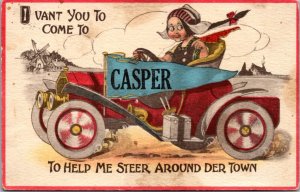 Postcard Pennant Flag Dutch Girl Driving Automobile Casper Wyoming