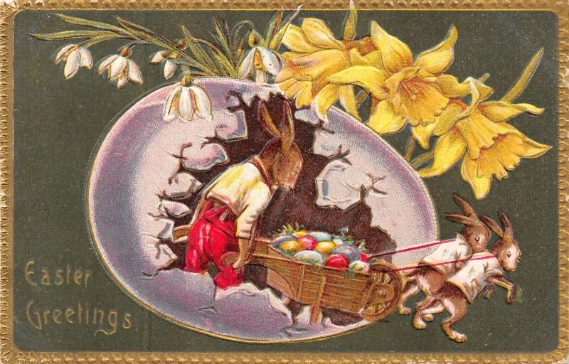 Easter Fantasy~Bunnies Pull Wheelbarrow From Lavender Egg~Dad Rabbit~Langsdorf 