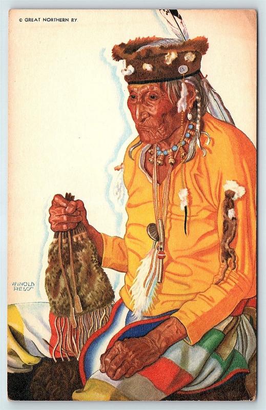 Postcard Lazy Boy Blackfoot Indian Medicine Man Great Northern Railroad Ad B35