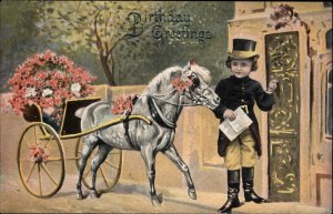 Birthday Little Boy in Riding Costume Miniature Horse Pony c1910 Postcard