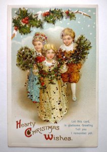 Christmas Postcard Ellen Clapsaddle Children Mica Glitter Germany 1292 Unused