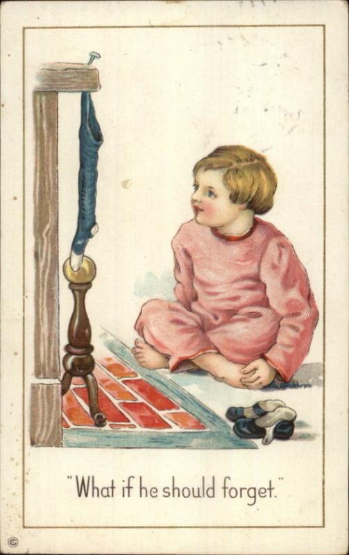 Christmas - Boy at Fireplace WHAT IF HE SHOULD FORGET c1910 Postcard rpx