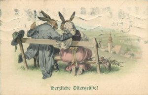 Humanized Easter romantic rabbits couple caricature greetings postcard c.1924