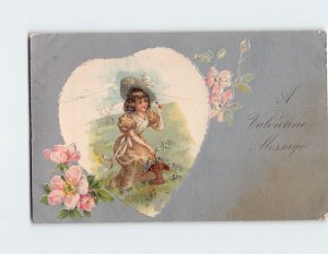 Postcard A Valentine Message with Girl Flowers Heart Embossed Art Print